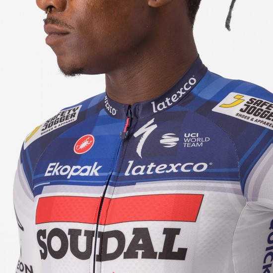 Maglia da ciclismo a manica corta Soudal Quick-Step 2023 Aero Race 6.1 della squadra di ciclisti professionisti Maglia da ciclismo a manica corta Soudal Quick-Step 2023 Aero Race 6.1 della squadra di ciclisti professionisti