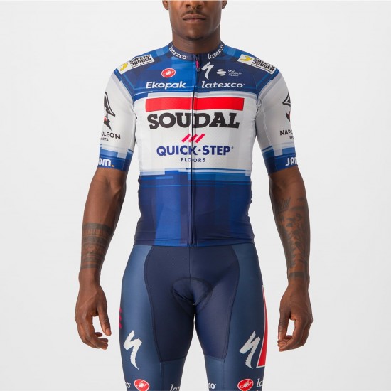 Maglia da ciclismo a manica corta Soudal Quick-Step 2023 Aero Race 6.1 della squadra di ciclisti professionisti Maglia da ciclismo a manica corta Soudal Quick-Step 2023 Aero Race 6.1 della squadra di ciclisti professionisti